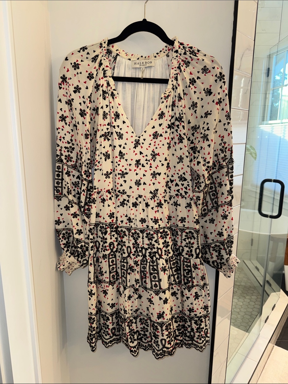 Hale Bob Cream Long-Sleeve Floral Tiered Dress with Black and Red Print